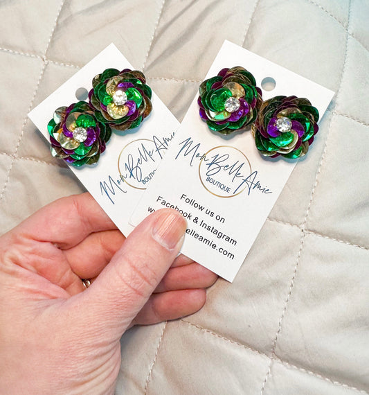 Mardi Gras Sequin Flower Stud Earrings