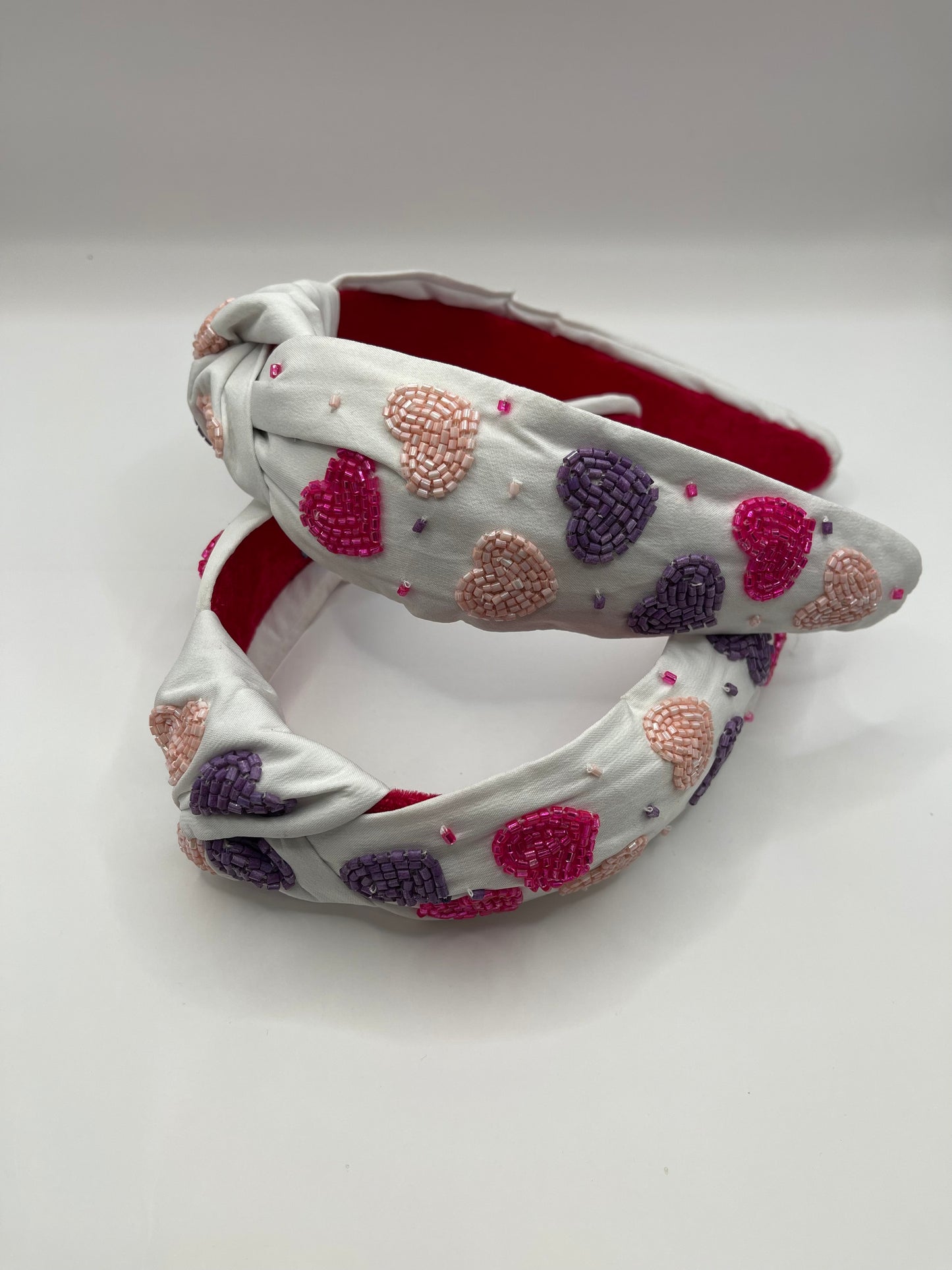 White Beaded Valentine Hearts Knotted Headband