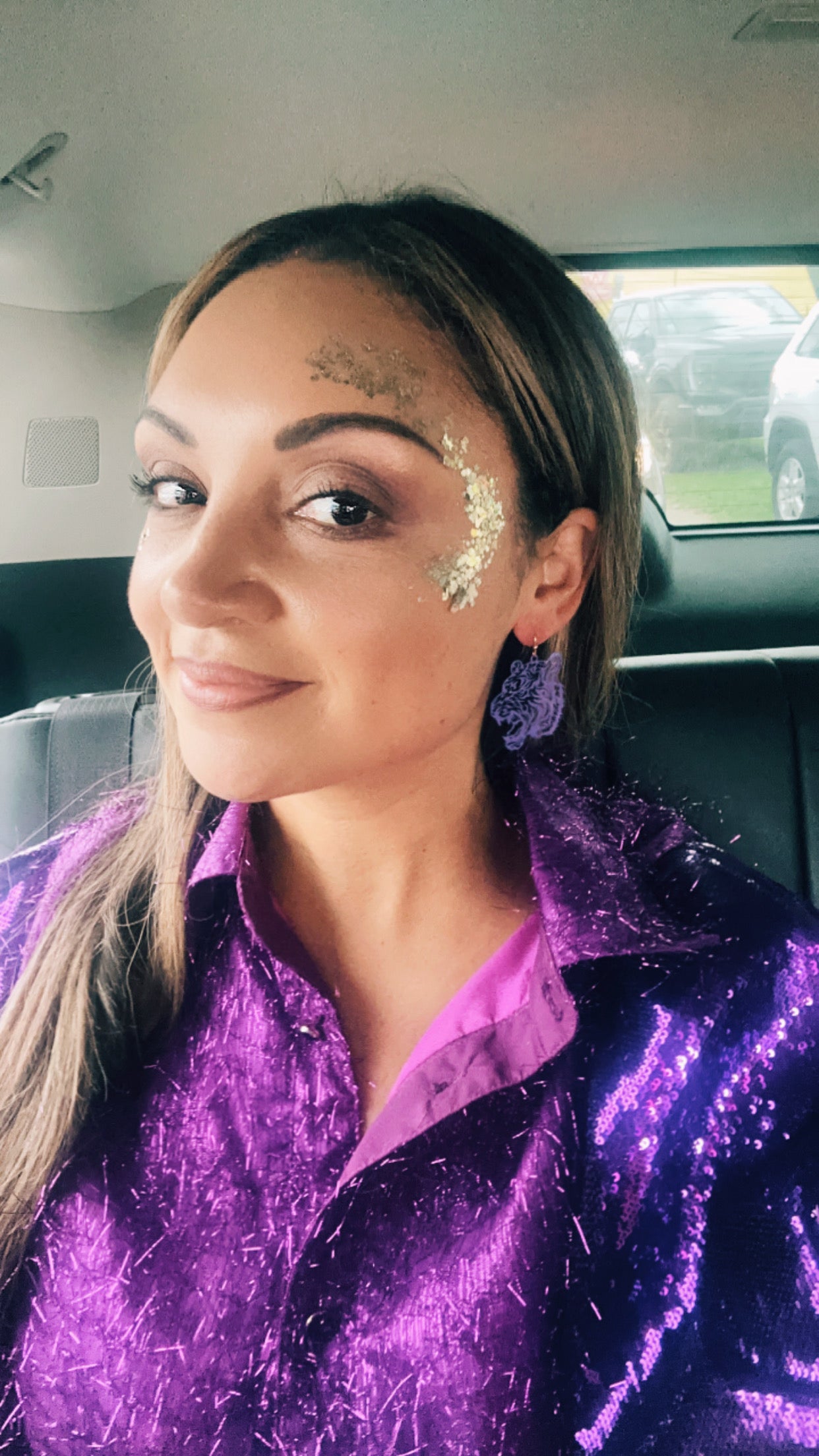 Purple Metal Roaring Tiger Dangle Earrings