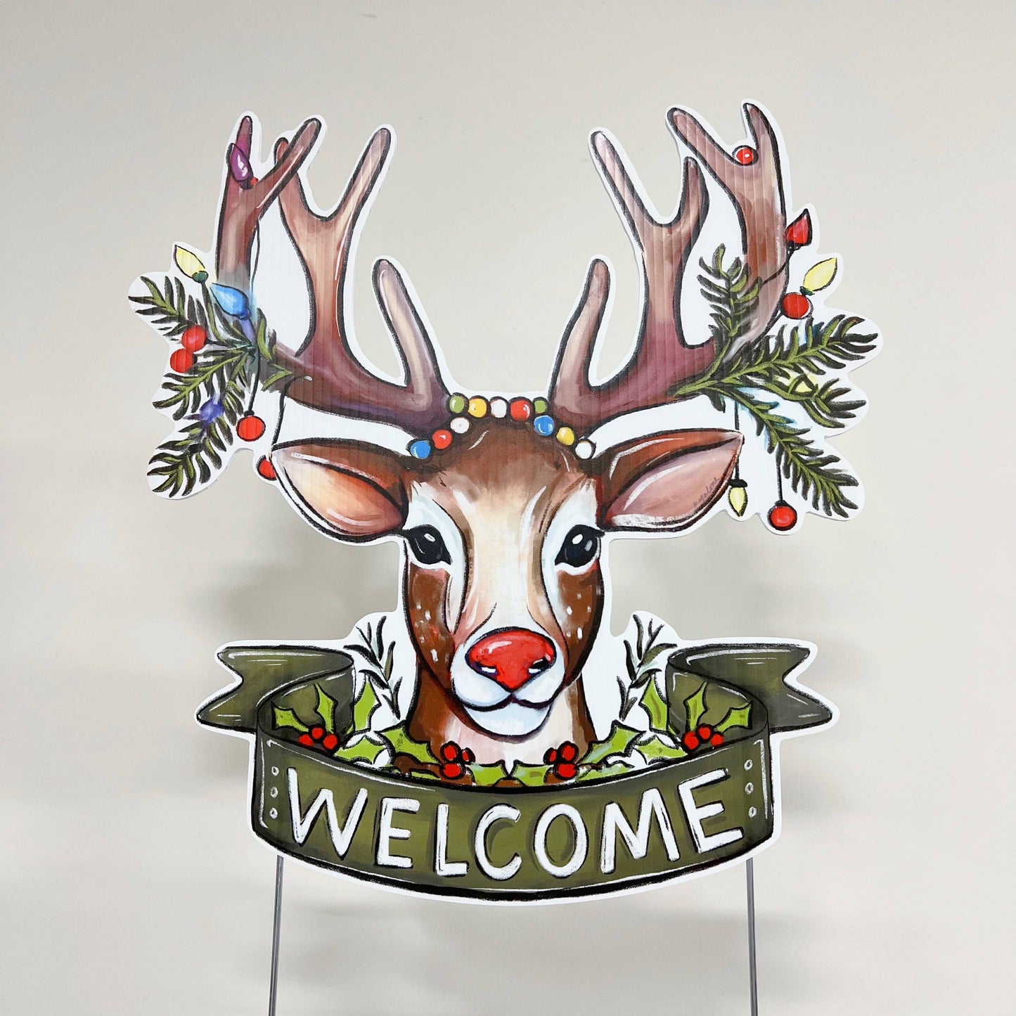 Holiday Deer Welcome Yard Sign - Christmas Outdoor Decor