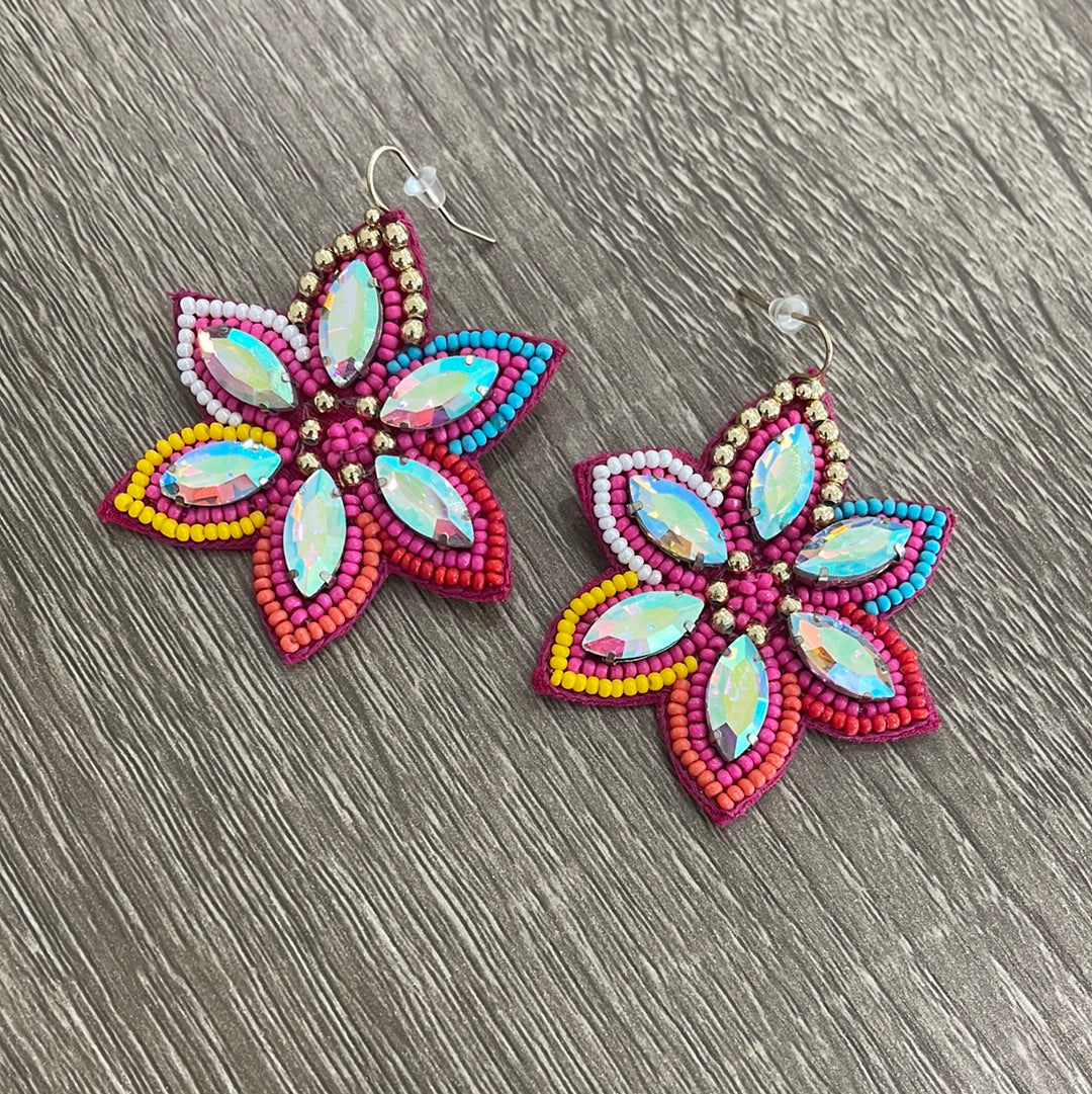 Hot Pink Jeweled Flower Dangle Earrings