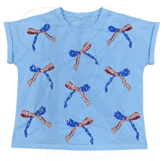Red White and Blue Sequin Bows Shirt - KIDS