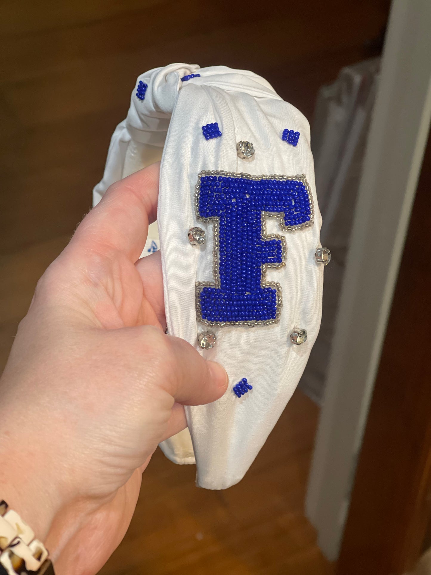 White Beaded “F” Headband