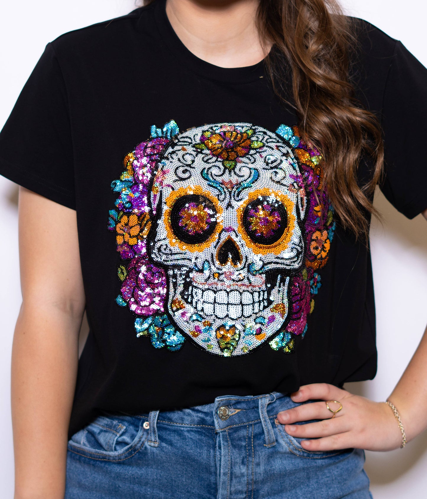 Women's Black Sugar Skull Sequin Tee