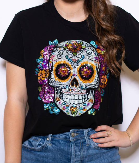 Women's Black Sugar Skull Sequin Tee