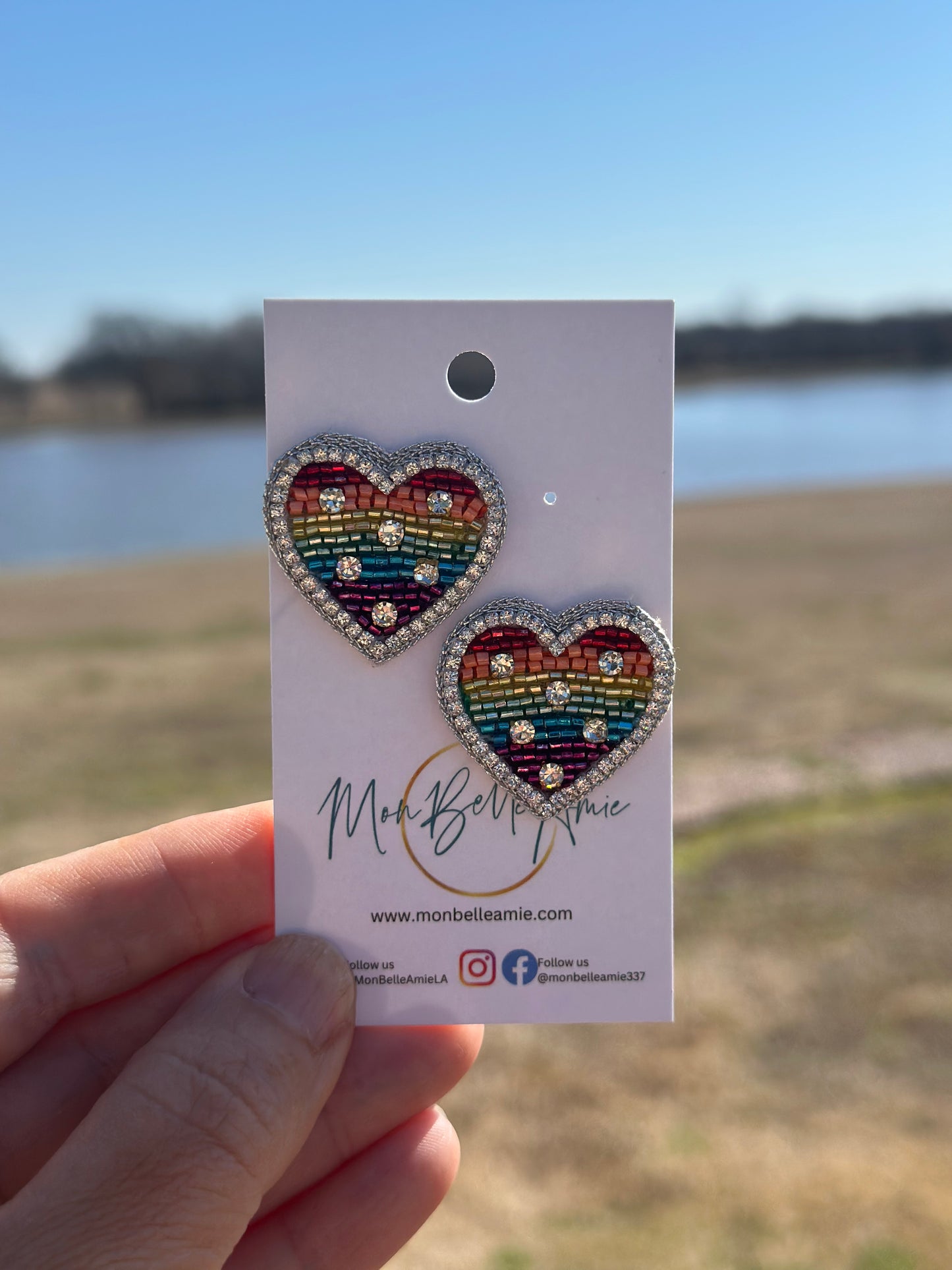 Rainbow Heart Shaped Beaded and Jeweled Stud Earrings