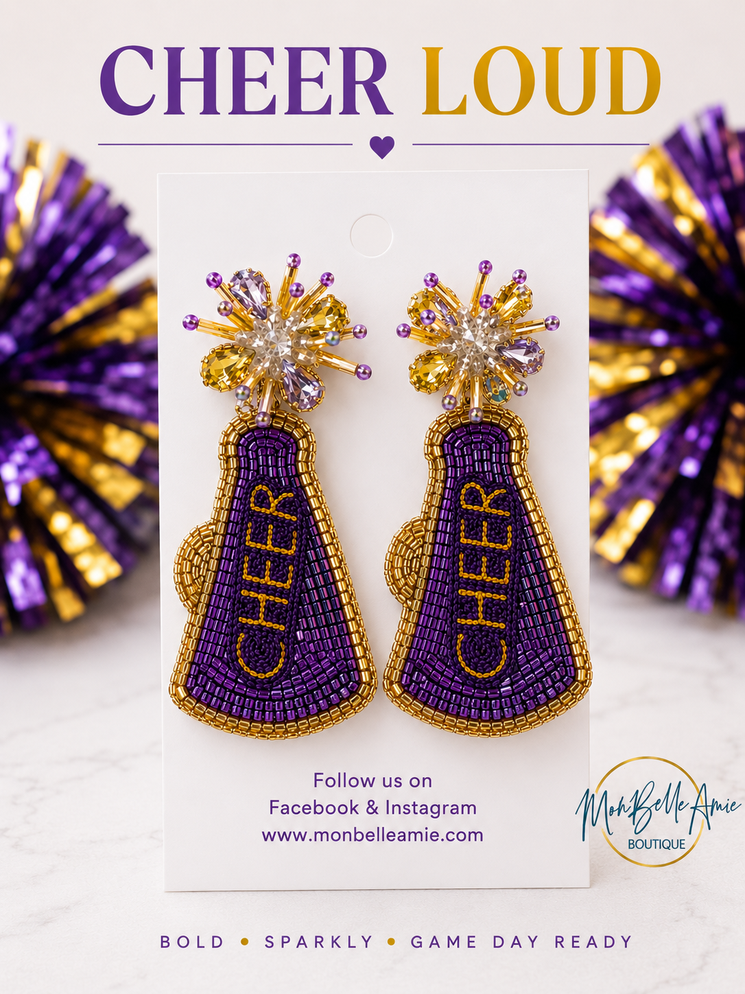 Purple and Gold Cheer Megaphone Dangle Earring