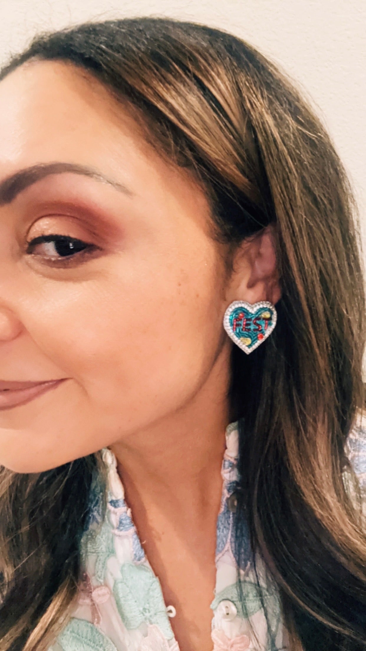 “FEST” Festival Heart Shaped Beaded and Jeweled Stud Earrings