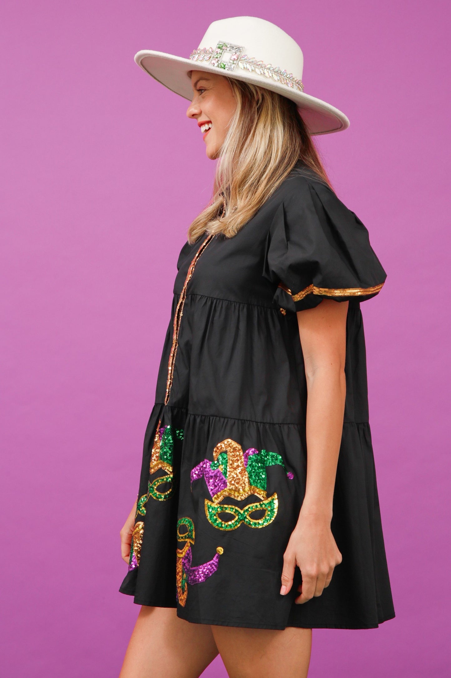 Sequin Mardi Gras Mask Poplin Dress
