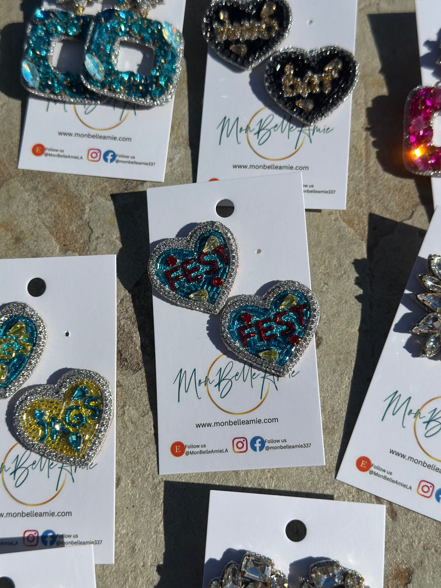 “FEST” Festival Heart Shaped Beaded and Jeweled Stud Earrings