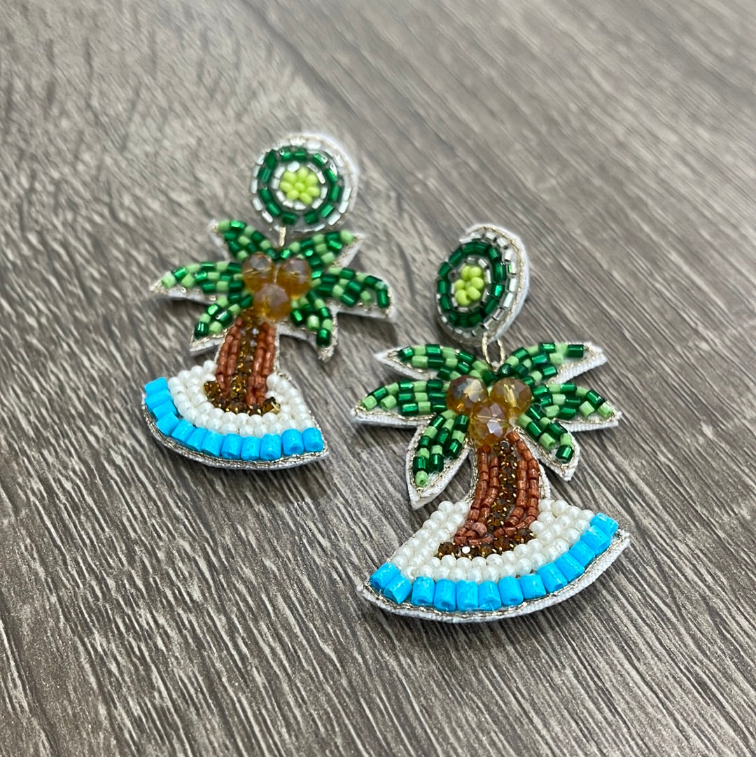 Palm Tree Seed Beaded Dangle Earrings