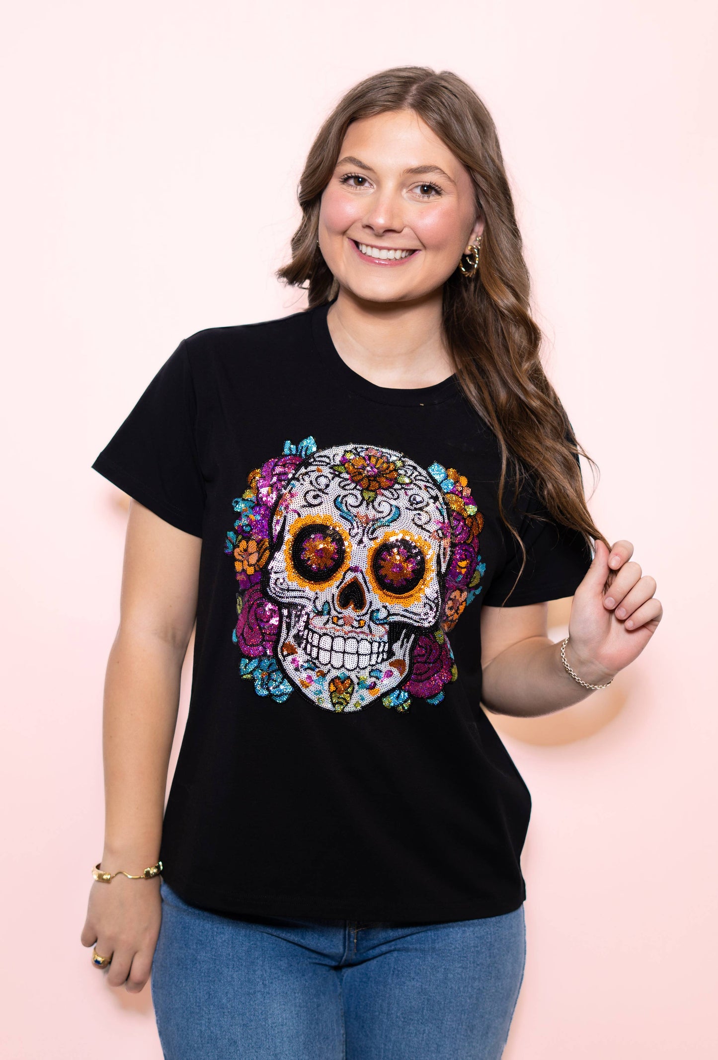 Women's Black Sugar Skull Sequin Tee