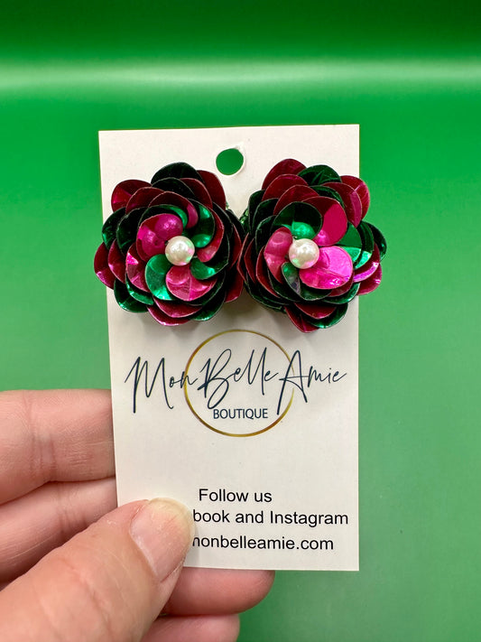 Pink and Green Sequin Flower Stud Earrings