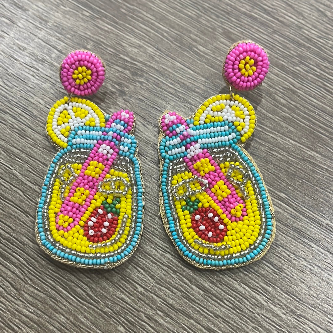 Lemonade Mason Jar Dangle Seed Bead Dangle Earrings