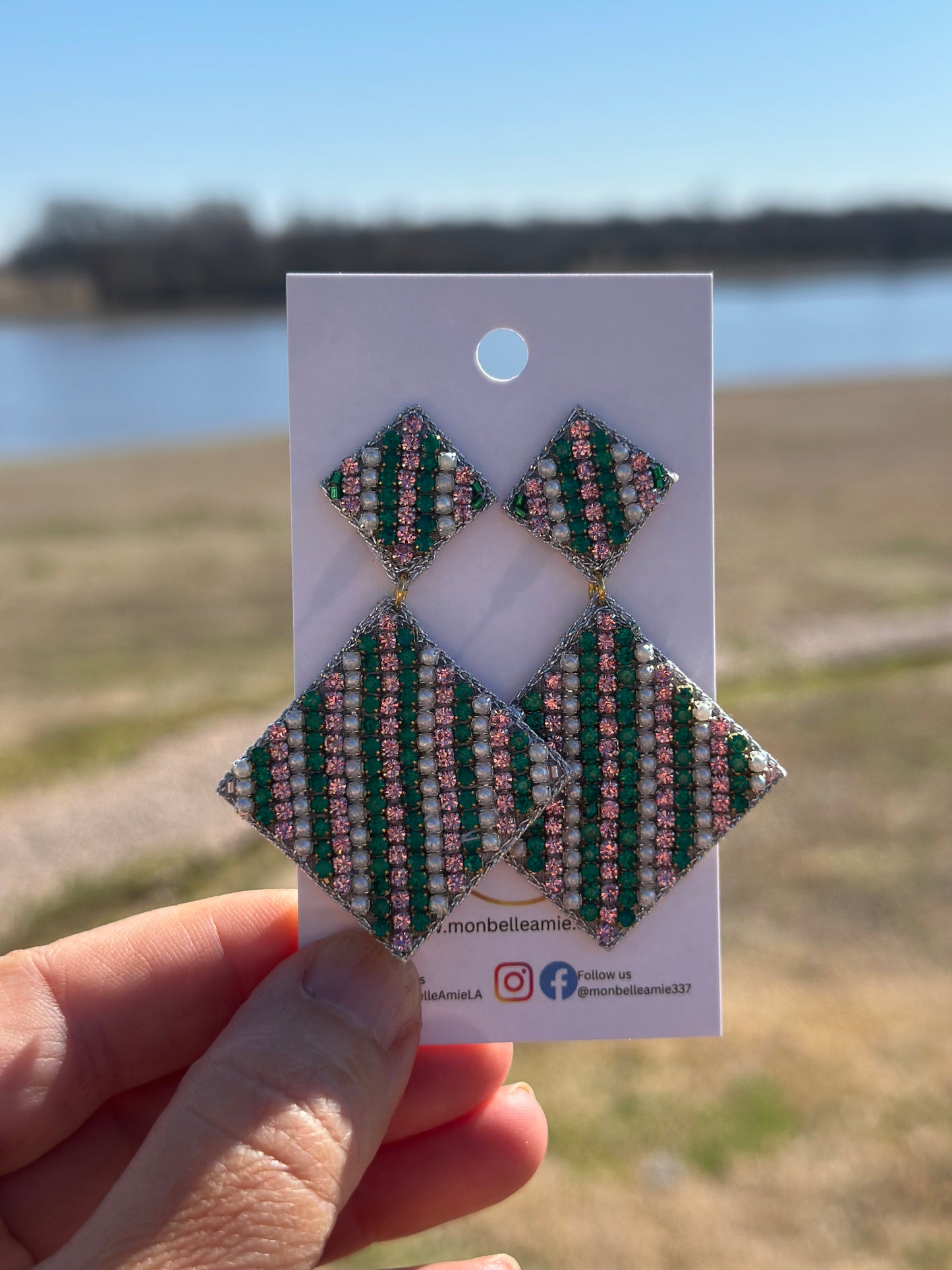 Pink Green and Pearl Diamond Dangle Beaded Earrings