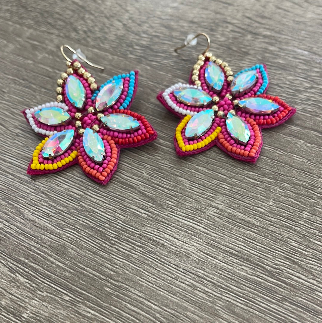 Hot Pink Jeweled Flower Dangle Earrings