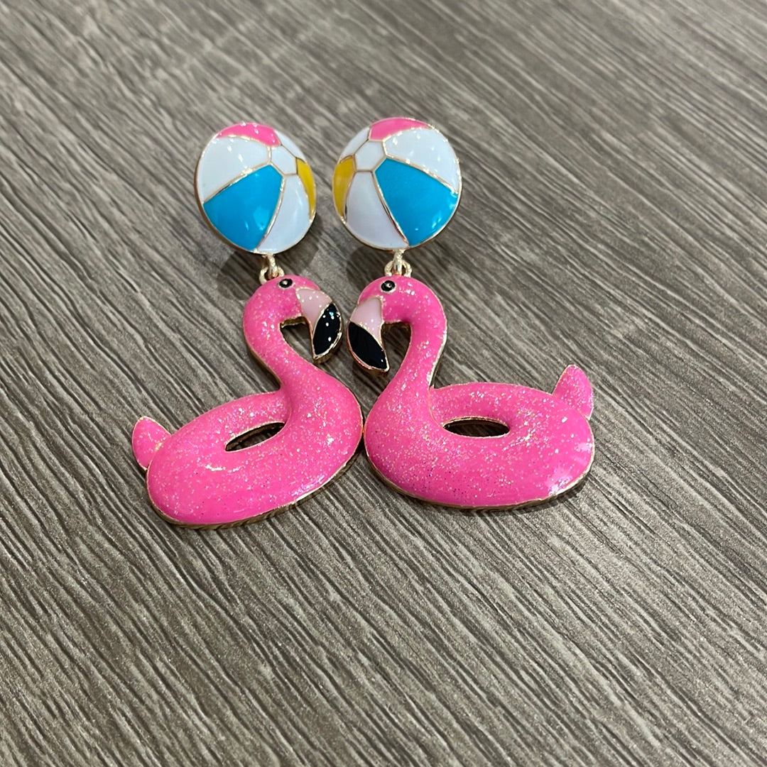 Flamingo Inner Tube Earrings with Beach Ball Stud
