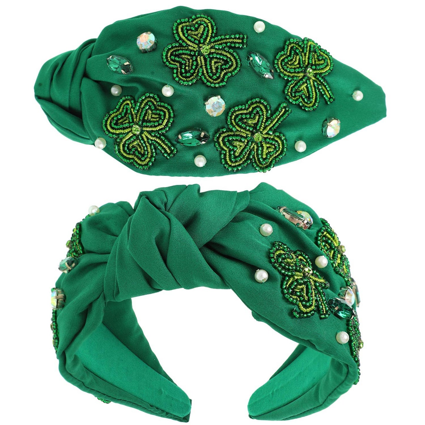 Saint Patrick's Shamrock Beaded Knotted Headband: White