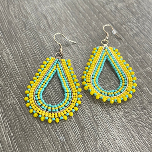 Beaded Yellow and Blue Teardrop Earrings