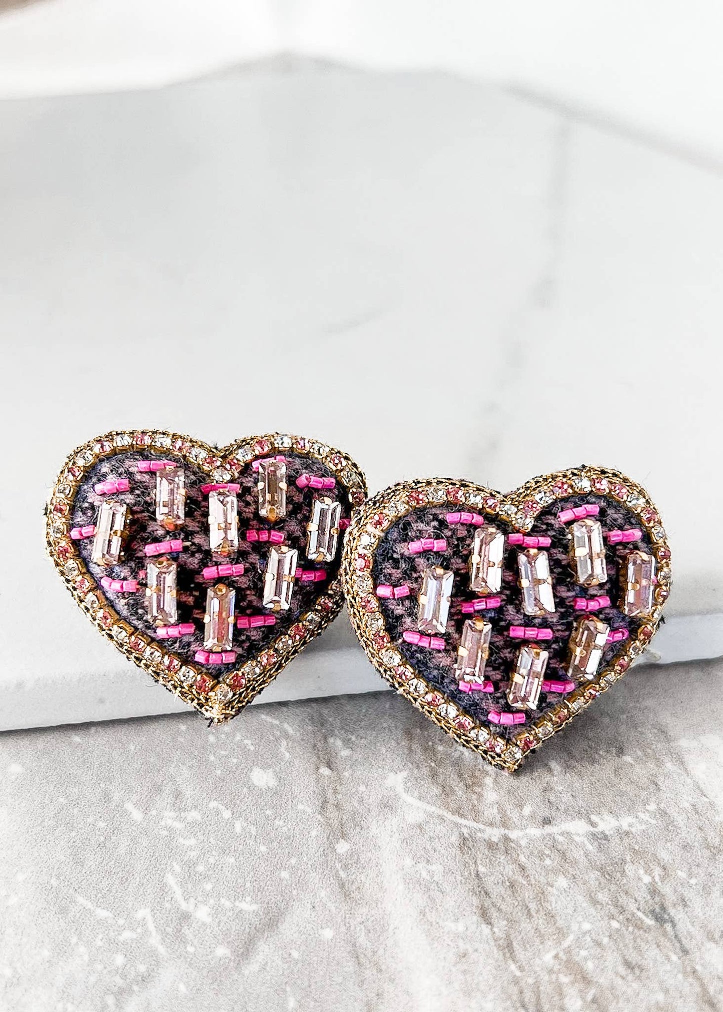 Navy Tweed Heart Earrings