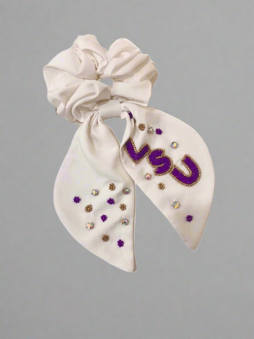 White LSU Beaded Rhinestone Scrunchie