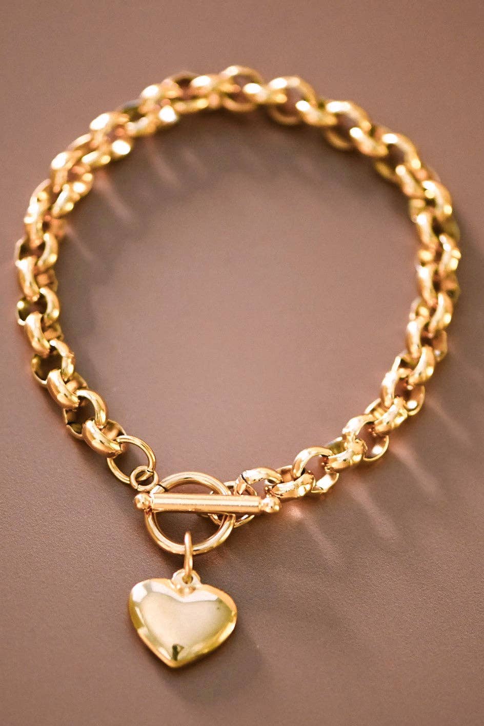 18K Gold PVD Plated Stainless Steel Link Heart Charm Bracelet - 7528: S0OX3T7528