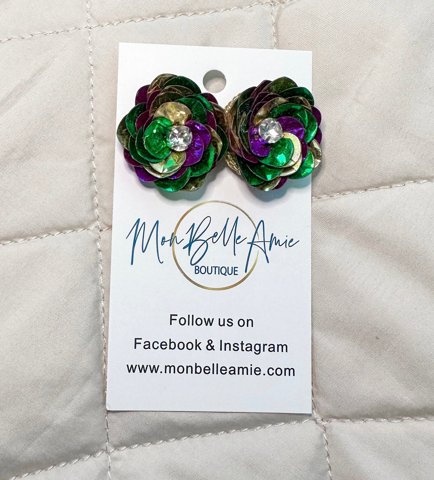 Mardi Gras Sequin Flower Stud Earrings