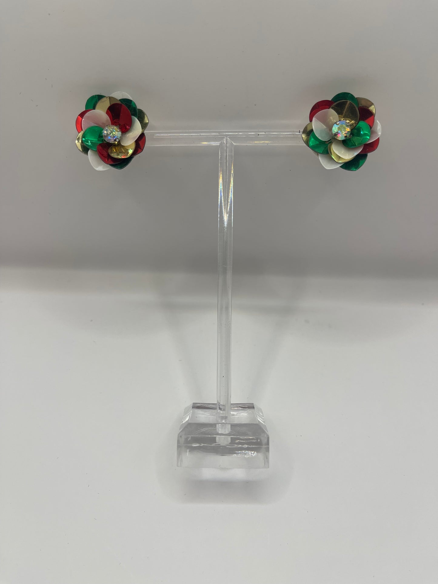 Christmas Sequin Flower Stud Earrings with Gold