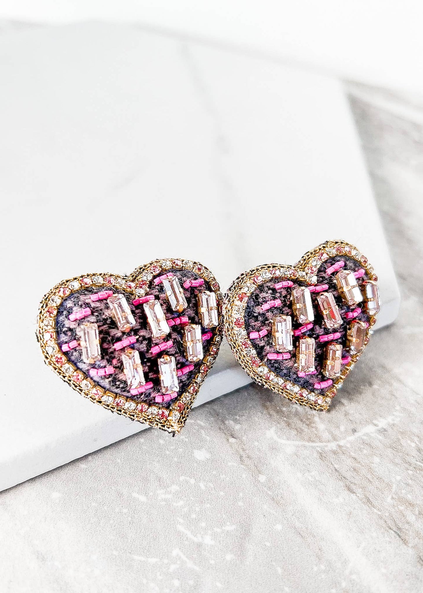 Navy Tweed Heart Earrings