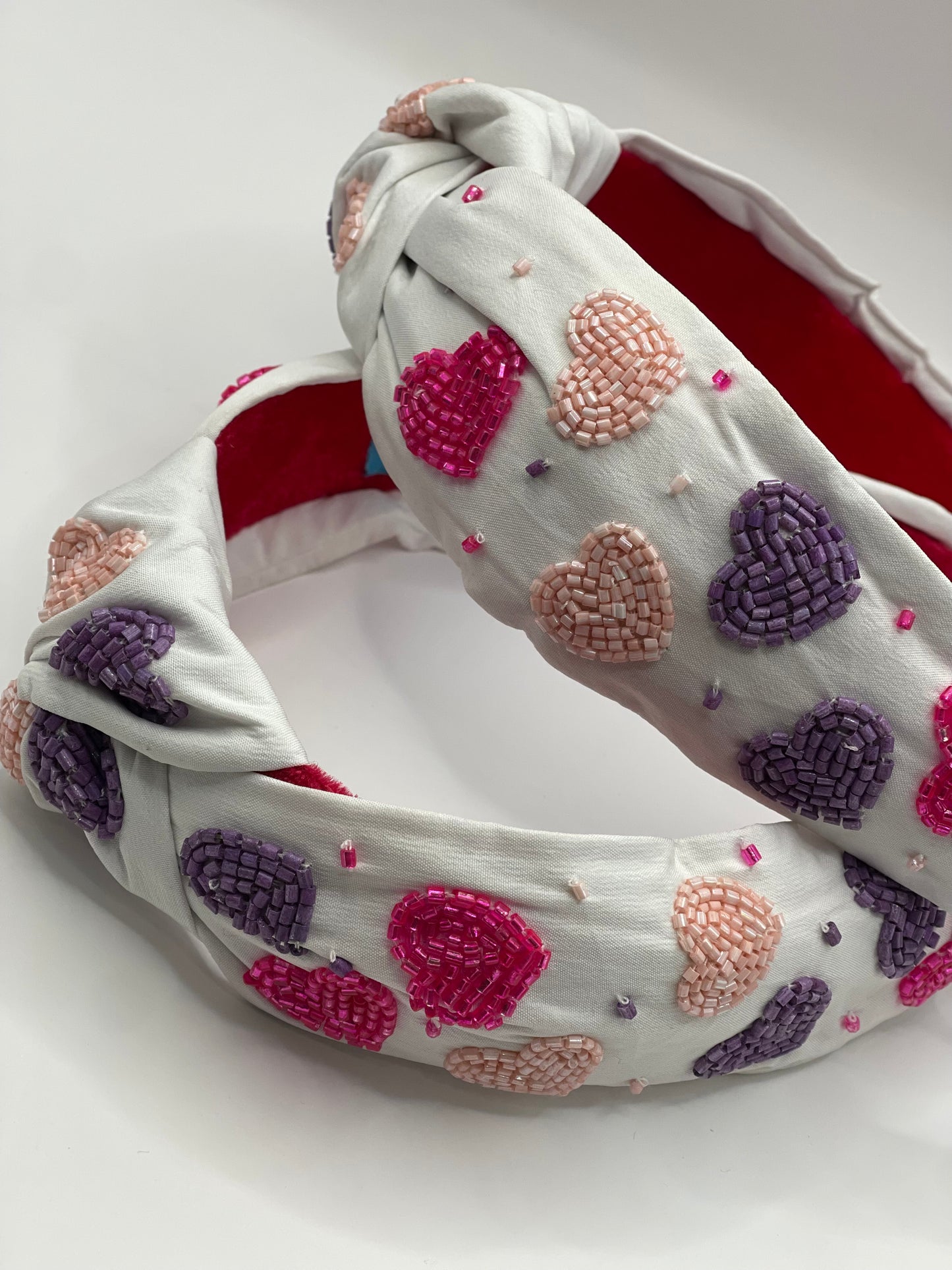 White Beaded Valentine Hearts Knotted Headband