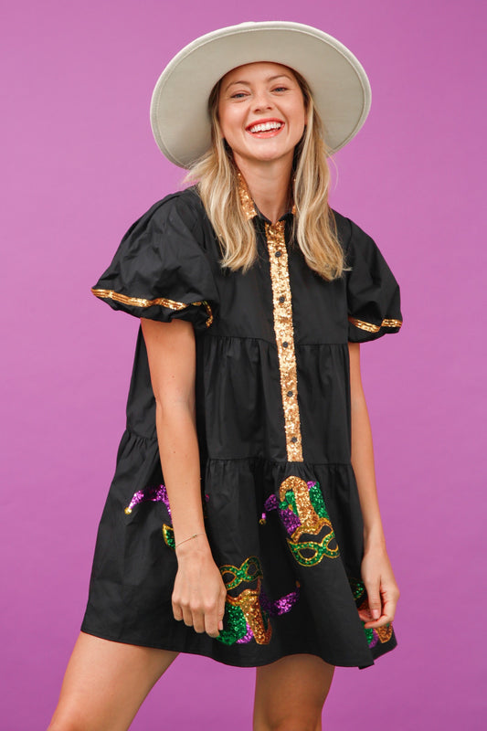 Sequin Mardi Gras Mask Poplin Dress