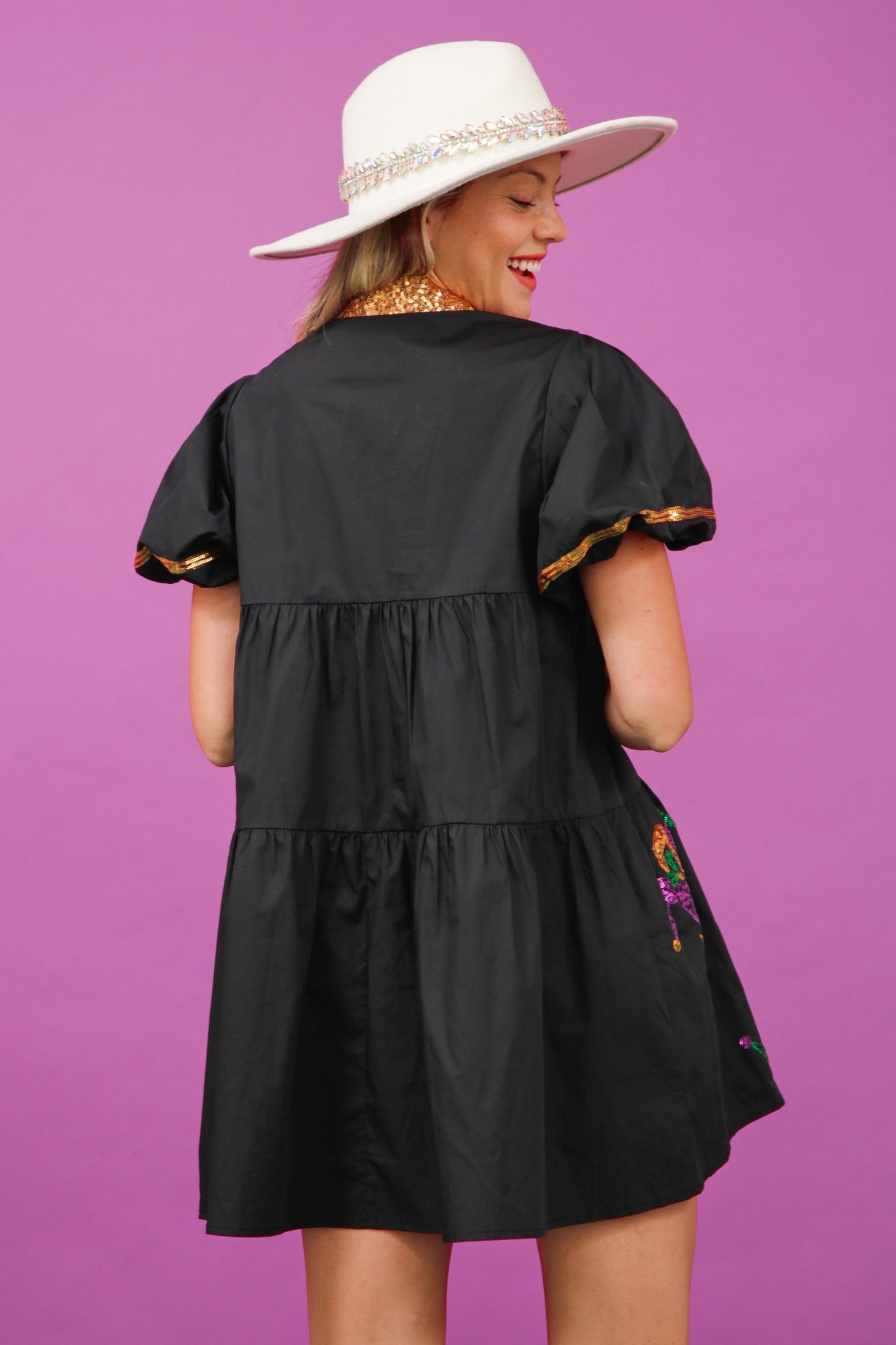 Sequin Mardi Gras Mask Poplin Dress