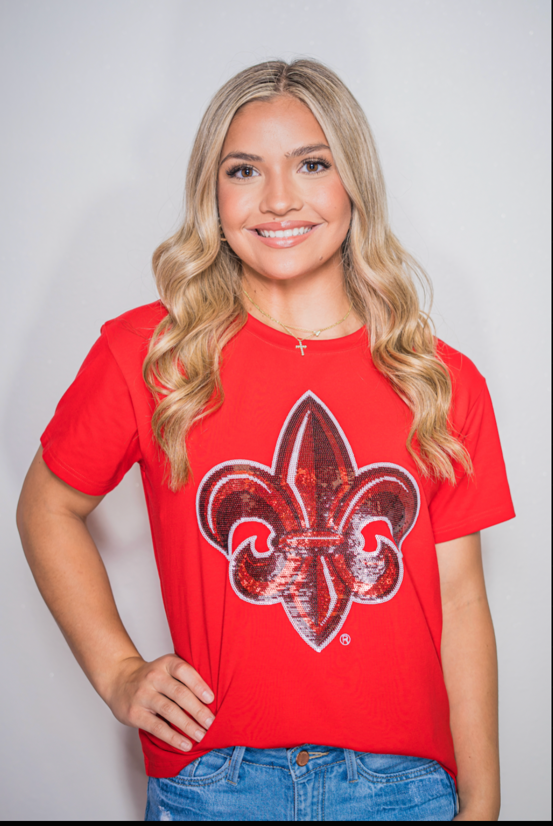 ULL Women's Red Fleur de Lis (Licensed) Sequin Design Tee