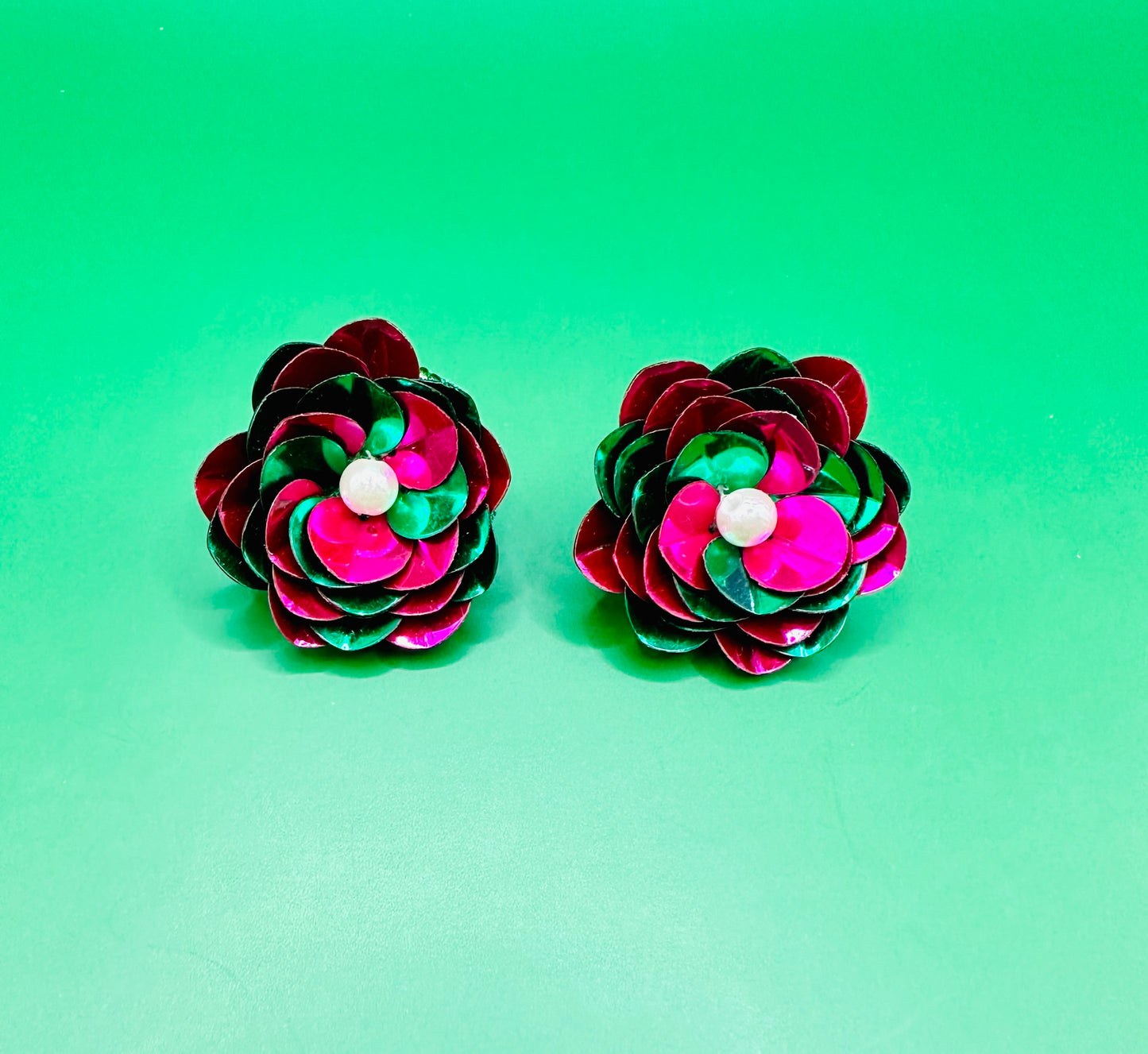 Pink and Green Sequin Flower Stud Earrings
