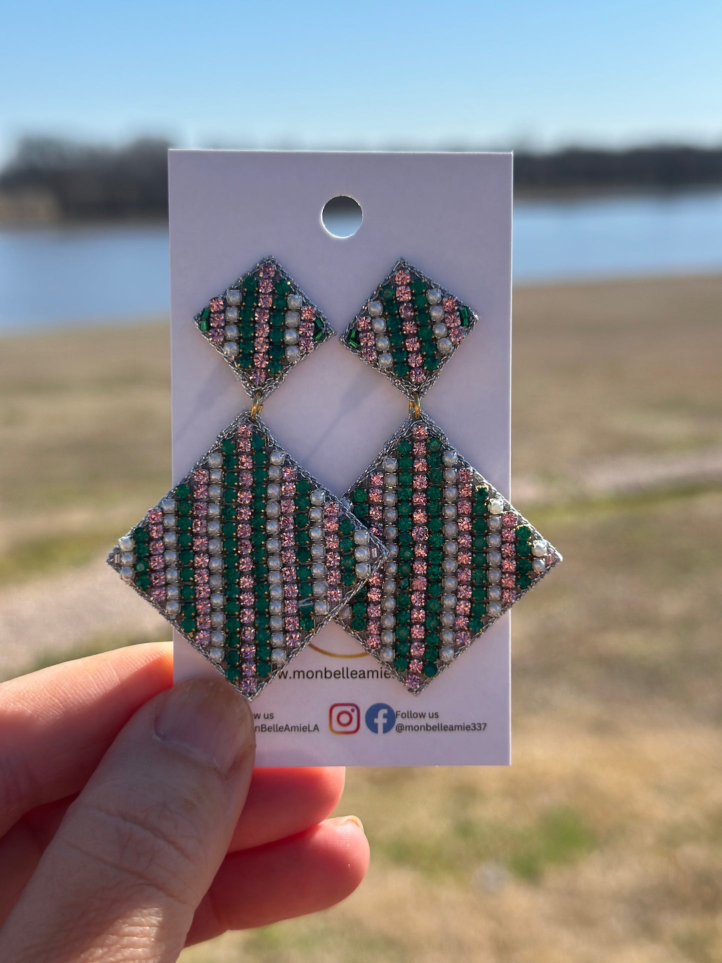 Pink Green and Pearl Diamond Dangle Beaded Earrings