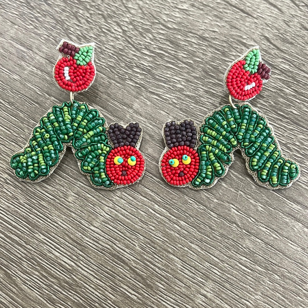 Apple and Catepiller Seed Beaded Drop Earrings