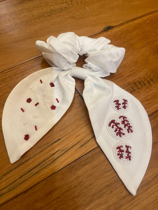 White Baseball Beaded Rhinestone Scrunchie