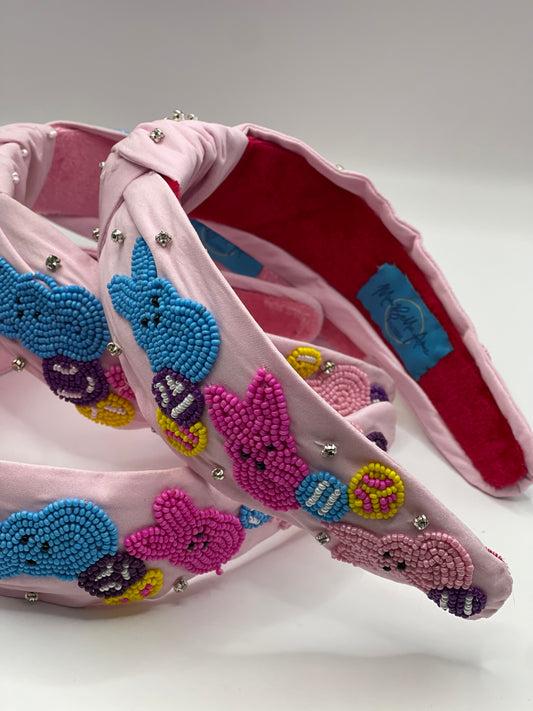 Pink Peeps and Easter Eggs Seed Beaded Top Knot Headband