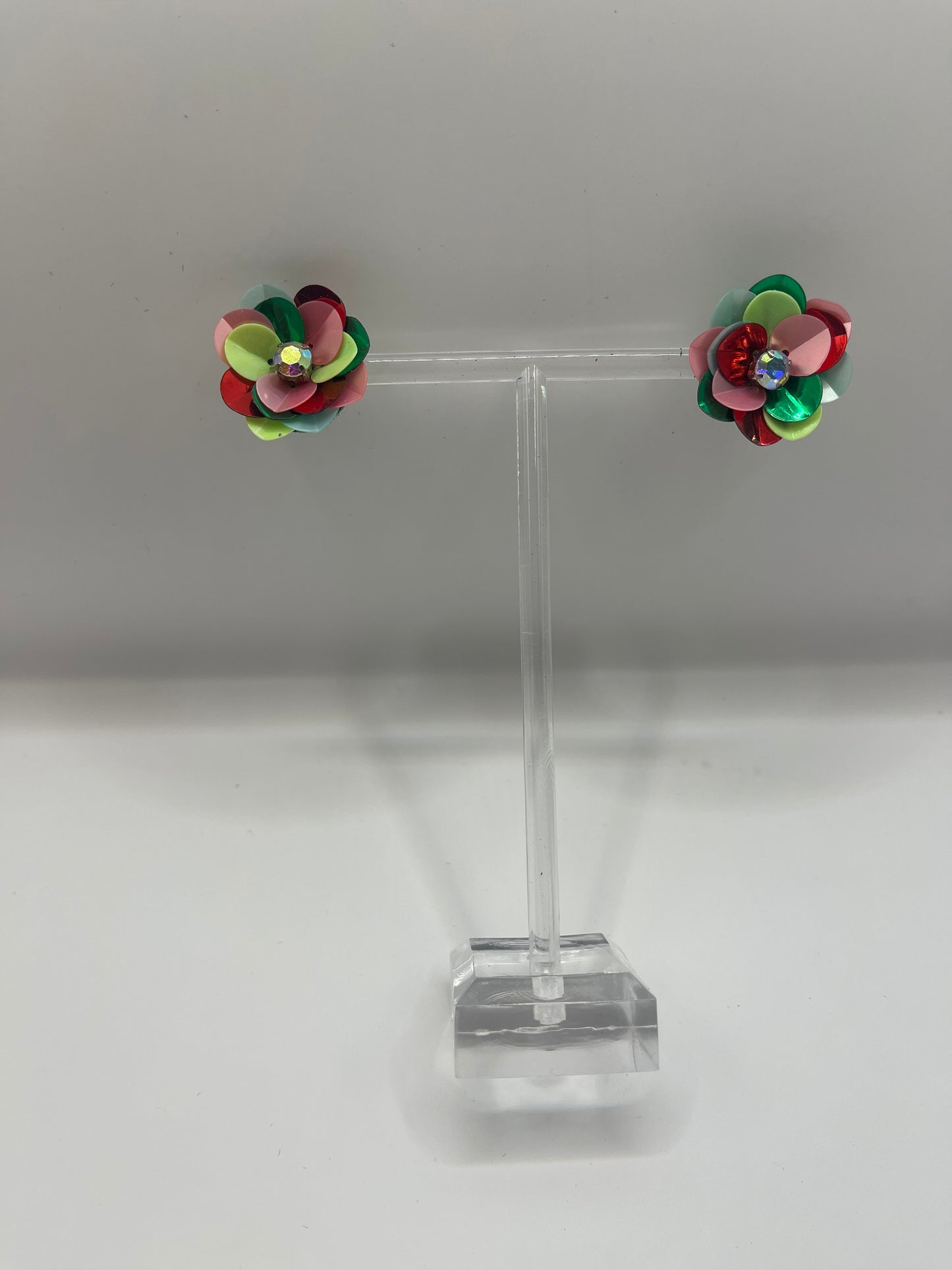 Christmas Sequin Flower Stud Earrings with Lime Green