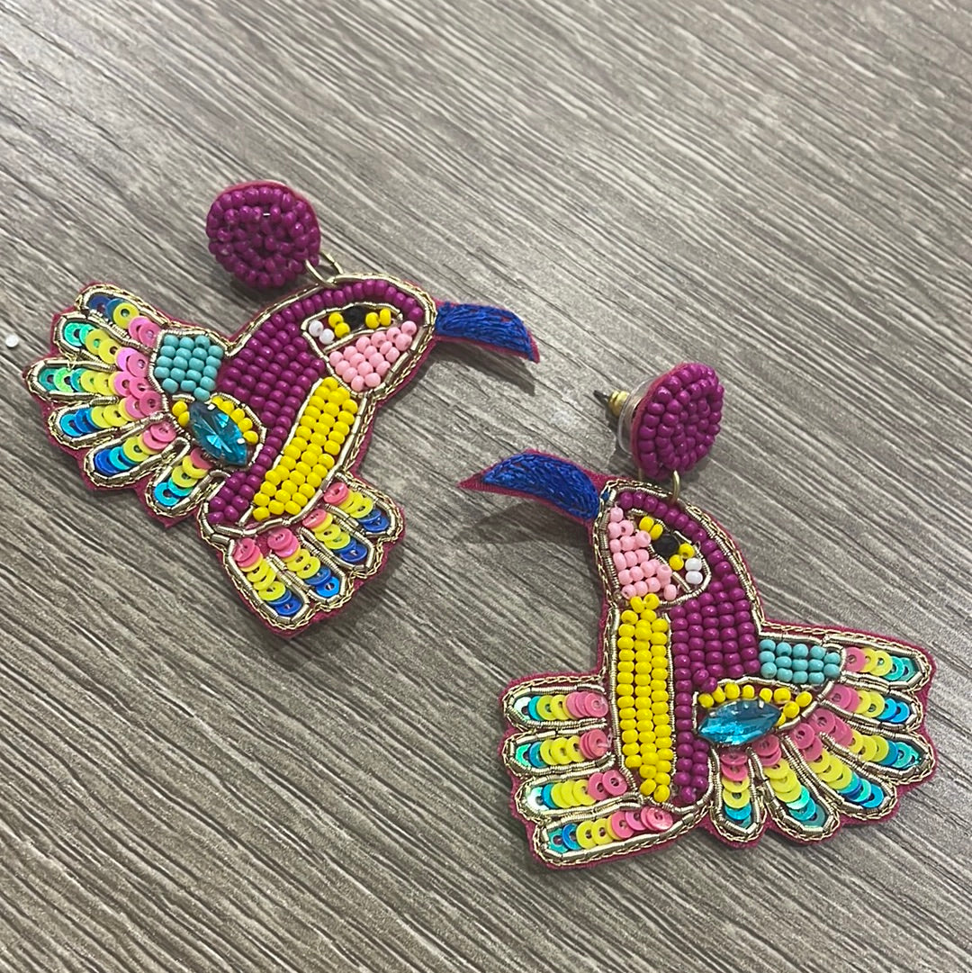 Magenta Hummingbird Beaded Earrings