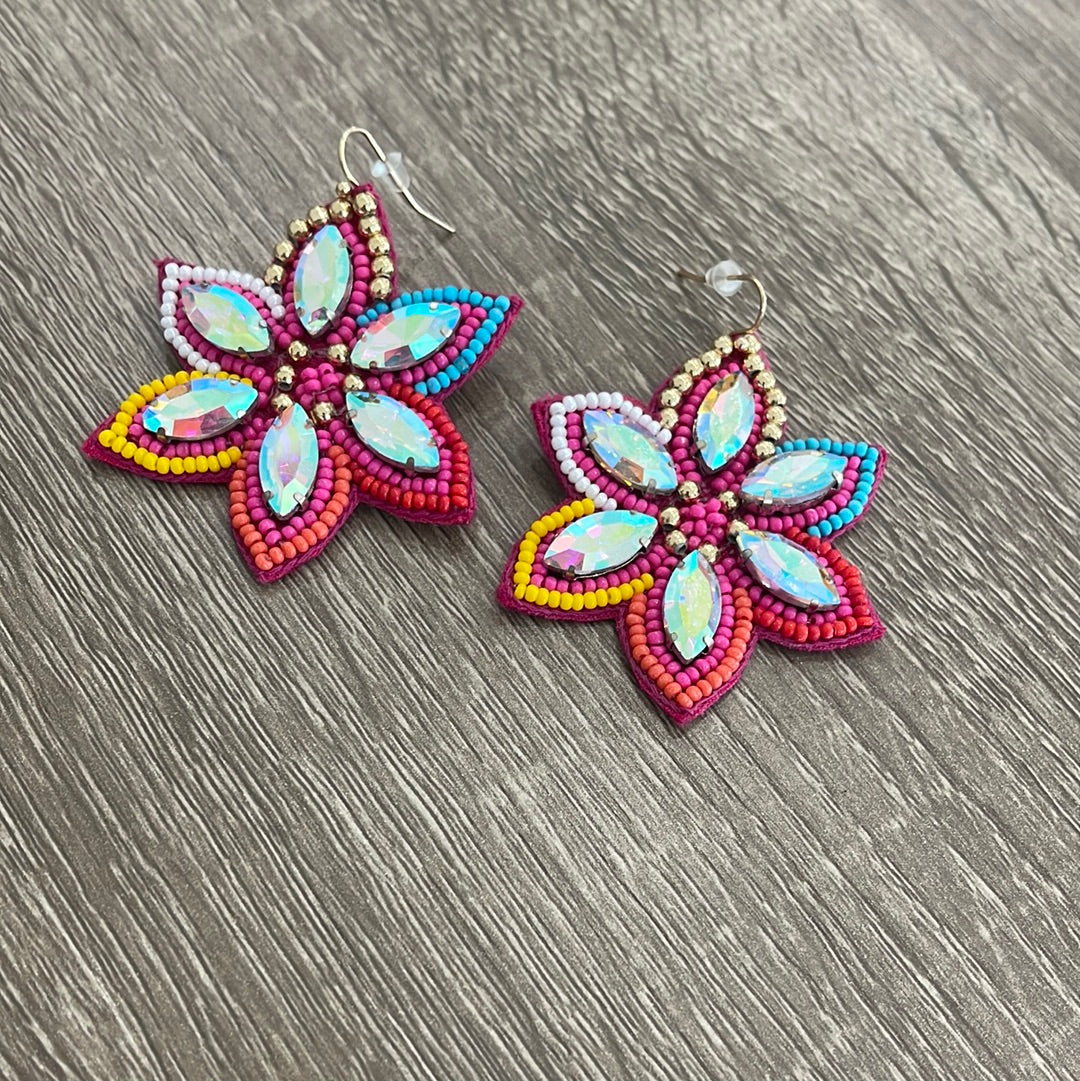 Hot Pink Jeweled Flower Dangle Earrings
