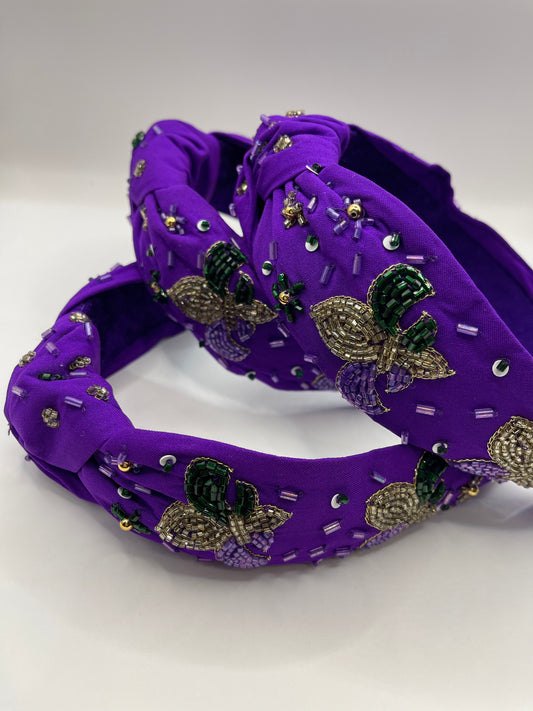 Purple Mardi Gras Fleur de lis knot headband