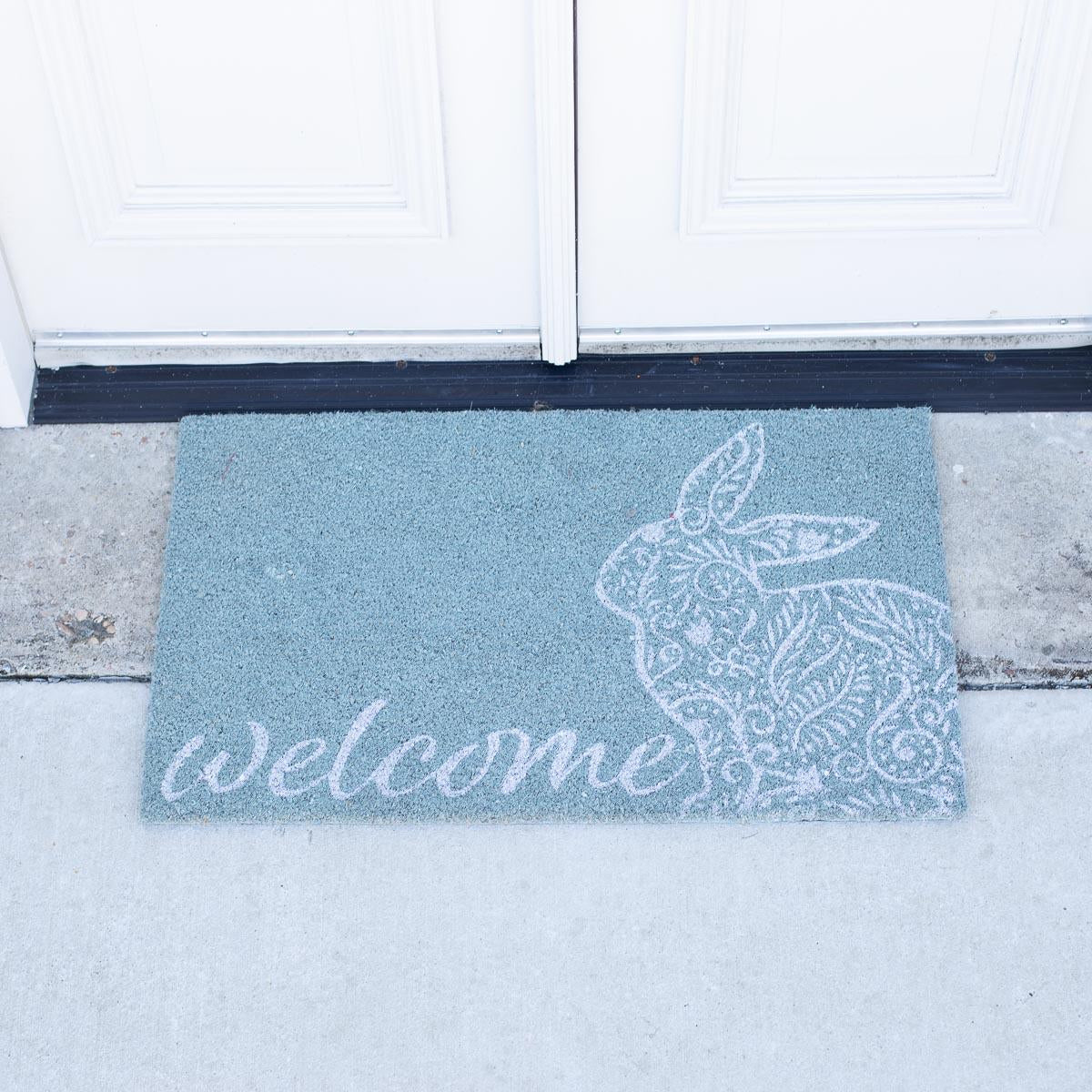 Welcome Floral Bunny Coir Doormat Blue/White 30x18