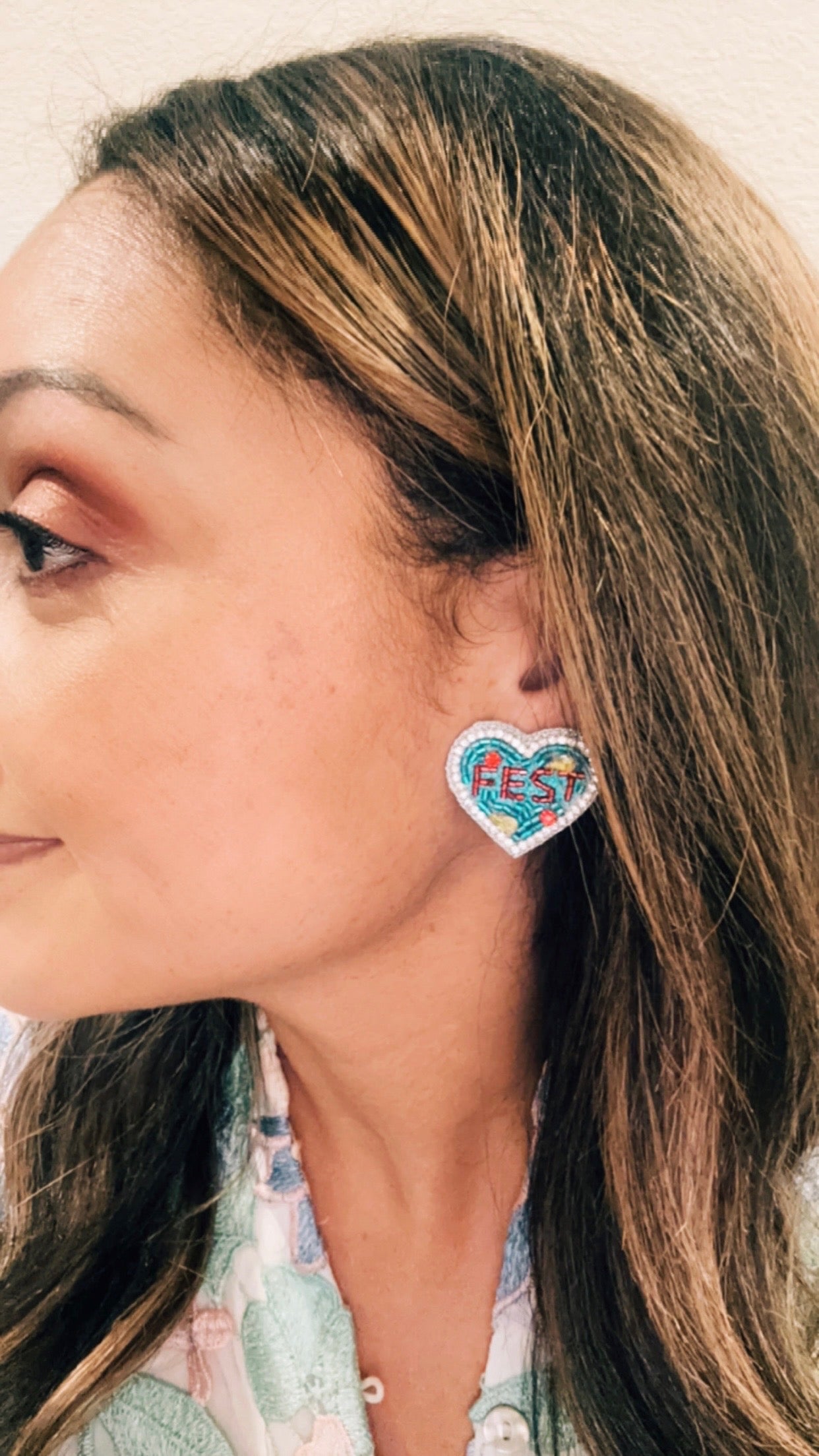 “FEST” Festival Heart Shaped Beaded and Jeweled Stud Earrings