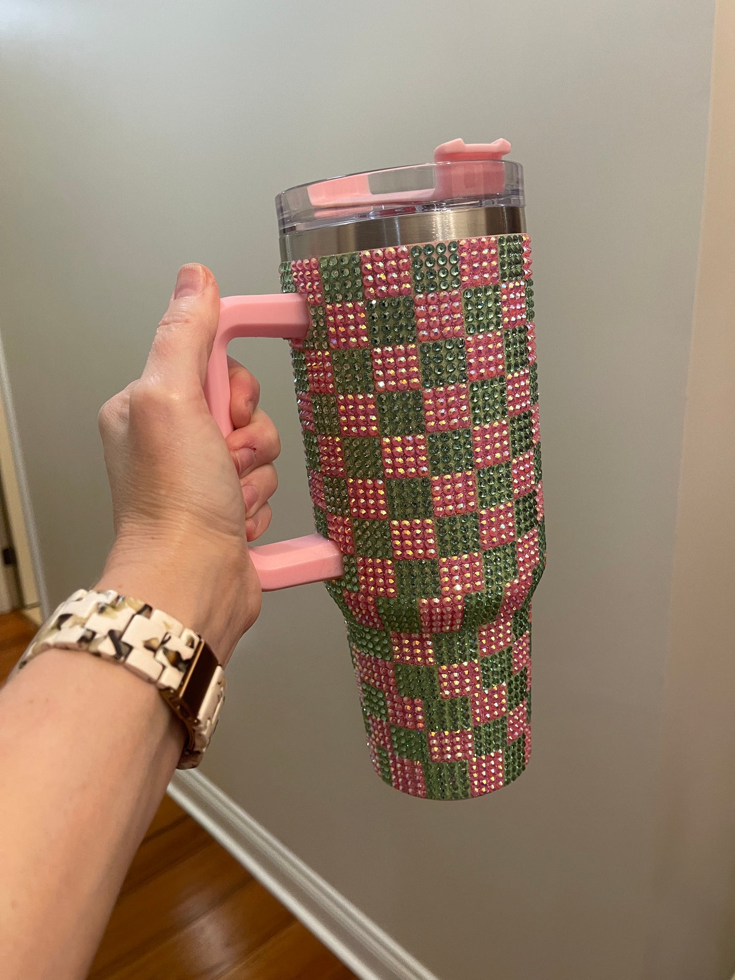 Pink and Green Bling Studded Checkered Pattern 40oz Stainless Tumbler