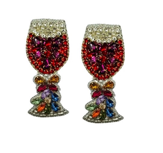 Colorful wine glass-shaped earrings on a white background