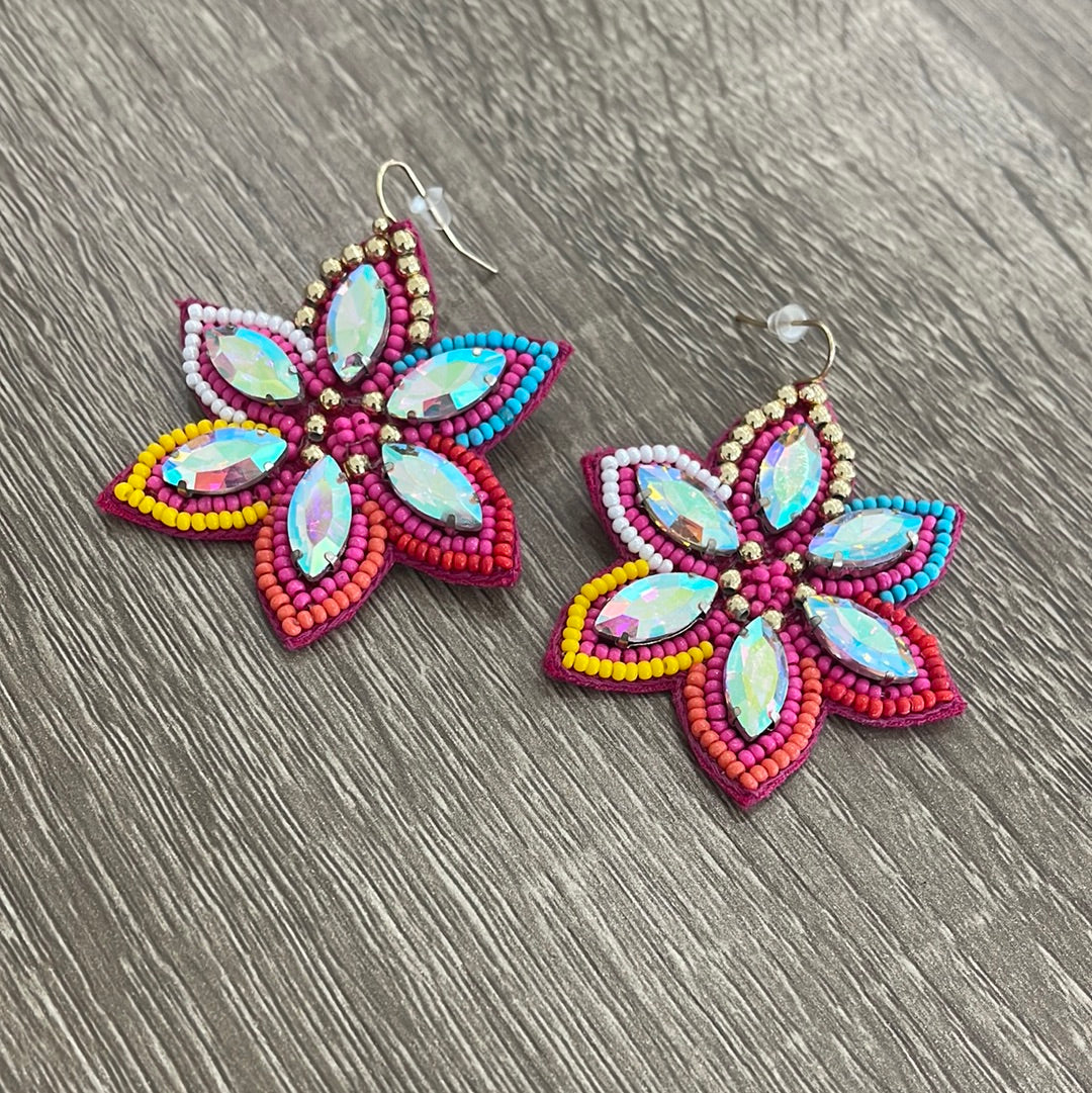 Hot Pink Jeweled Flower Dangle Earrings