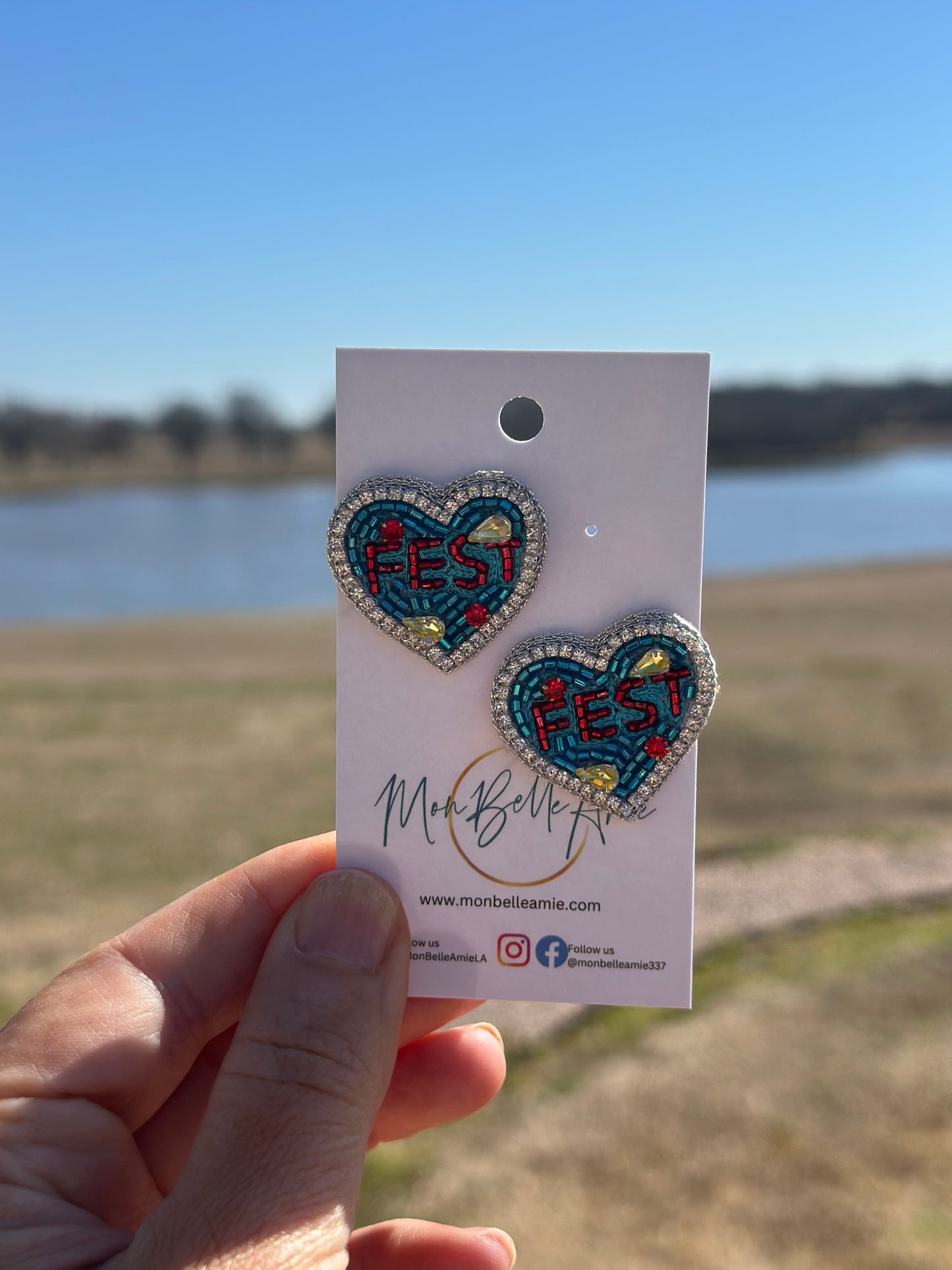“FEST” Festival Heart Shaped Beaded and Jeweled Stud Earrings