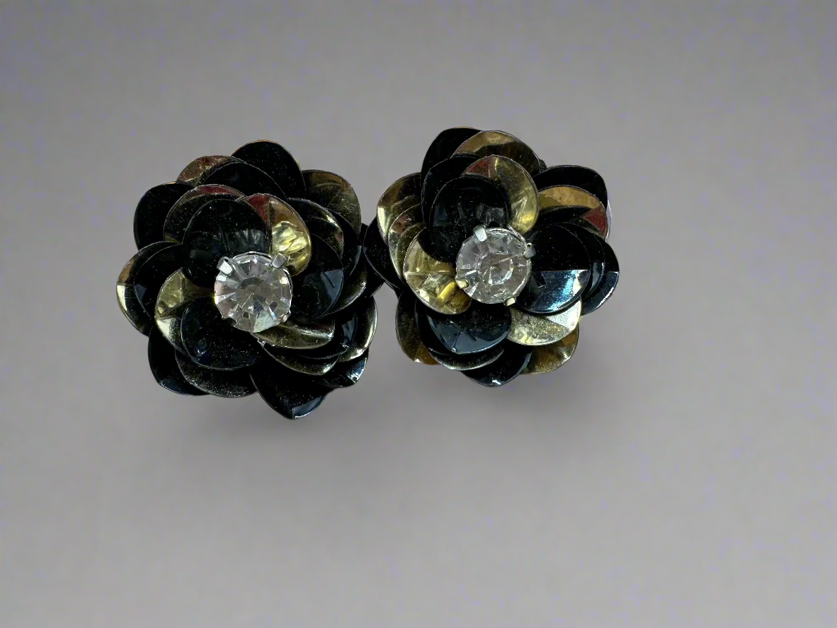 Black and Gold Sequin Flower Stud Earrings