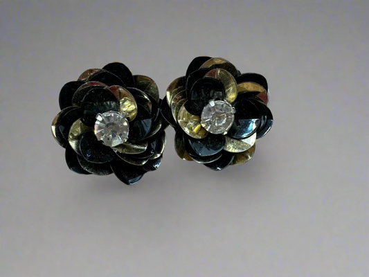 Black and Gold Sequin Flower Stud Earrings